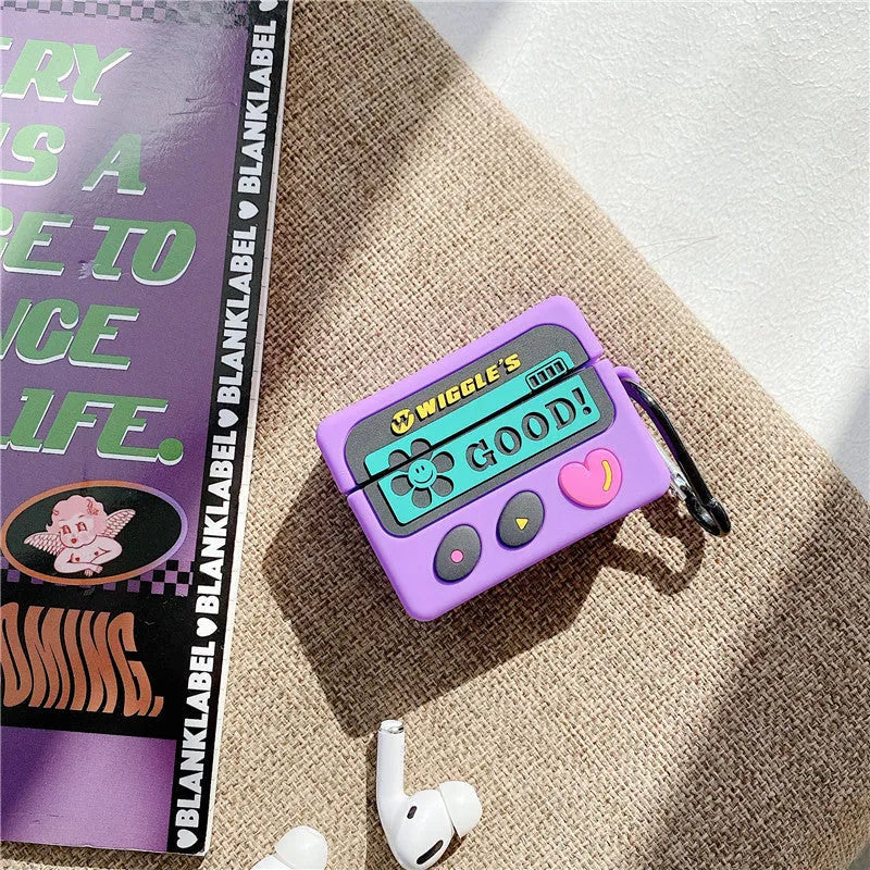 Purple retro silicone back cover case for AirPods 1 2 and Pro 3 with hook attached