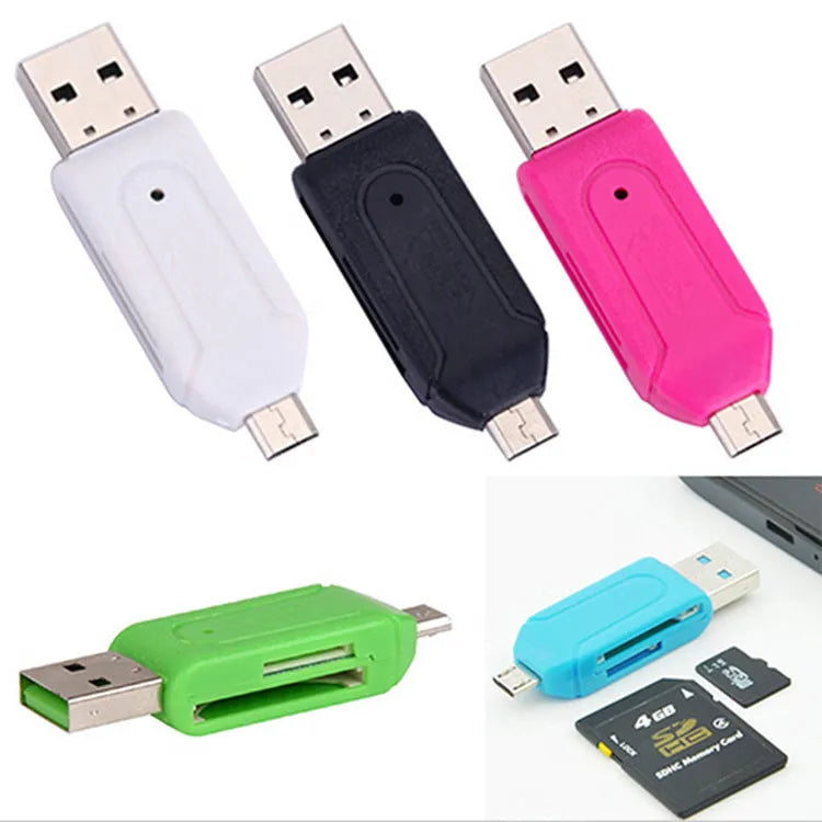 White OTG memory card reader with USB and micro USB connectors for phones and computers.
