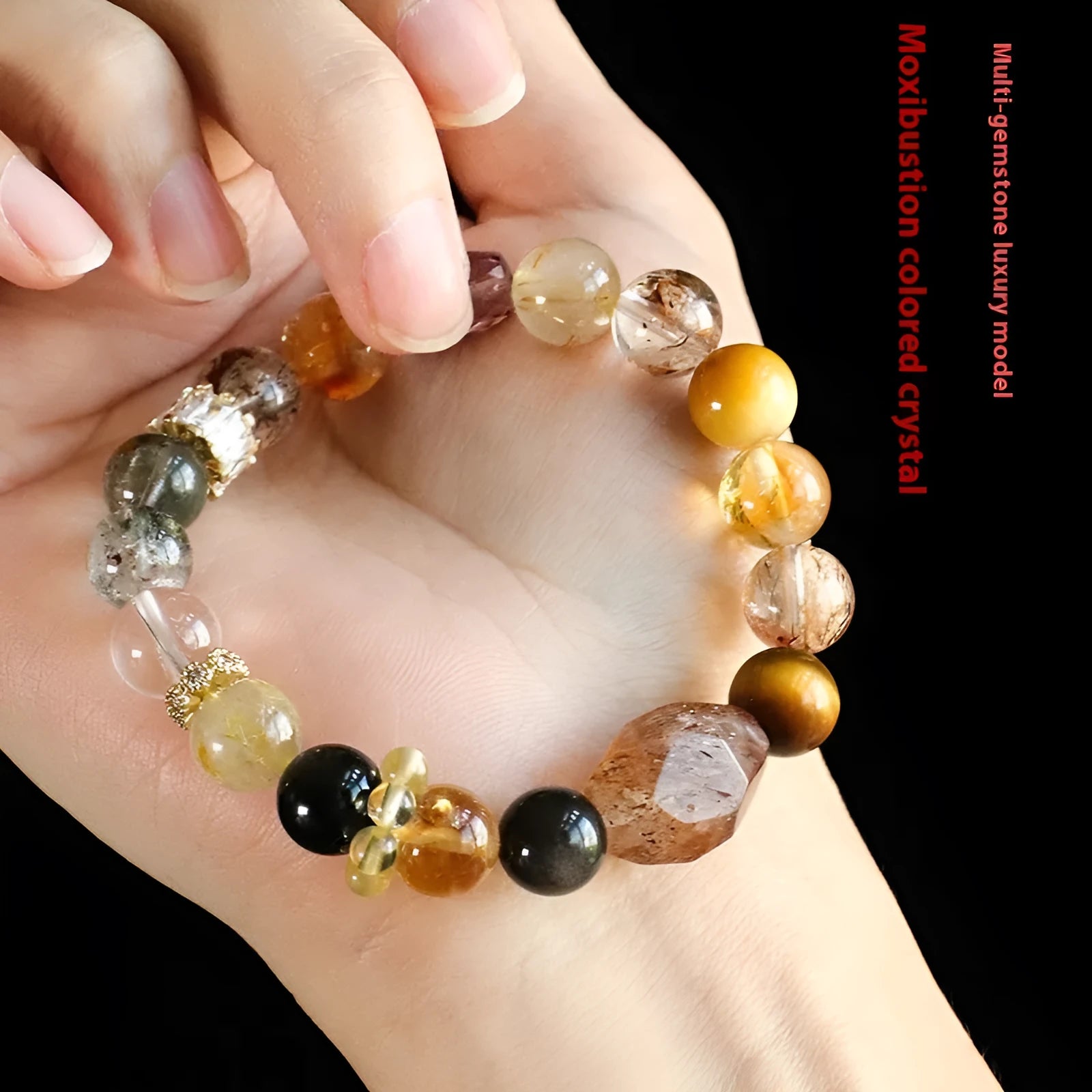 Natural crystal beaded bracelet with Duobao crystal beads in black gold Super Seven and natural colour variations