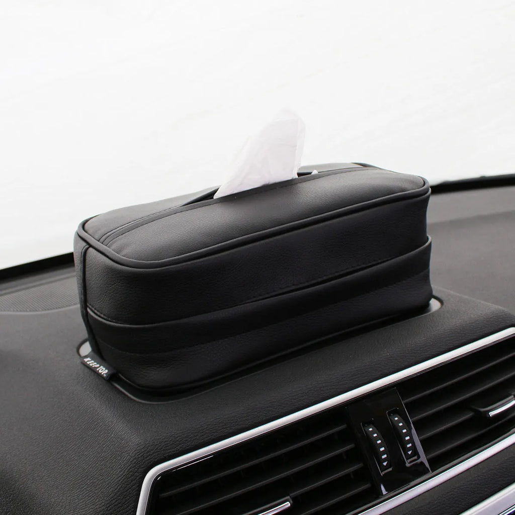 Black PU leather hanging storage box organiser with handle, shown next to a beige medium size model.