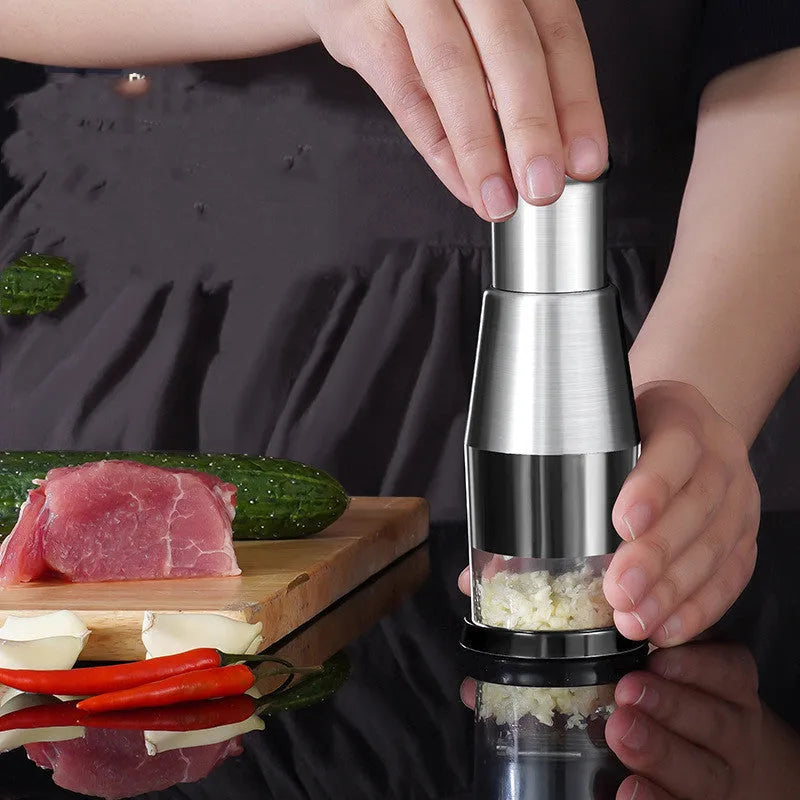 Manual garlic onion vegetable chopper kitchen gadget with stainless steel blades in modern design