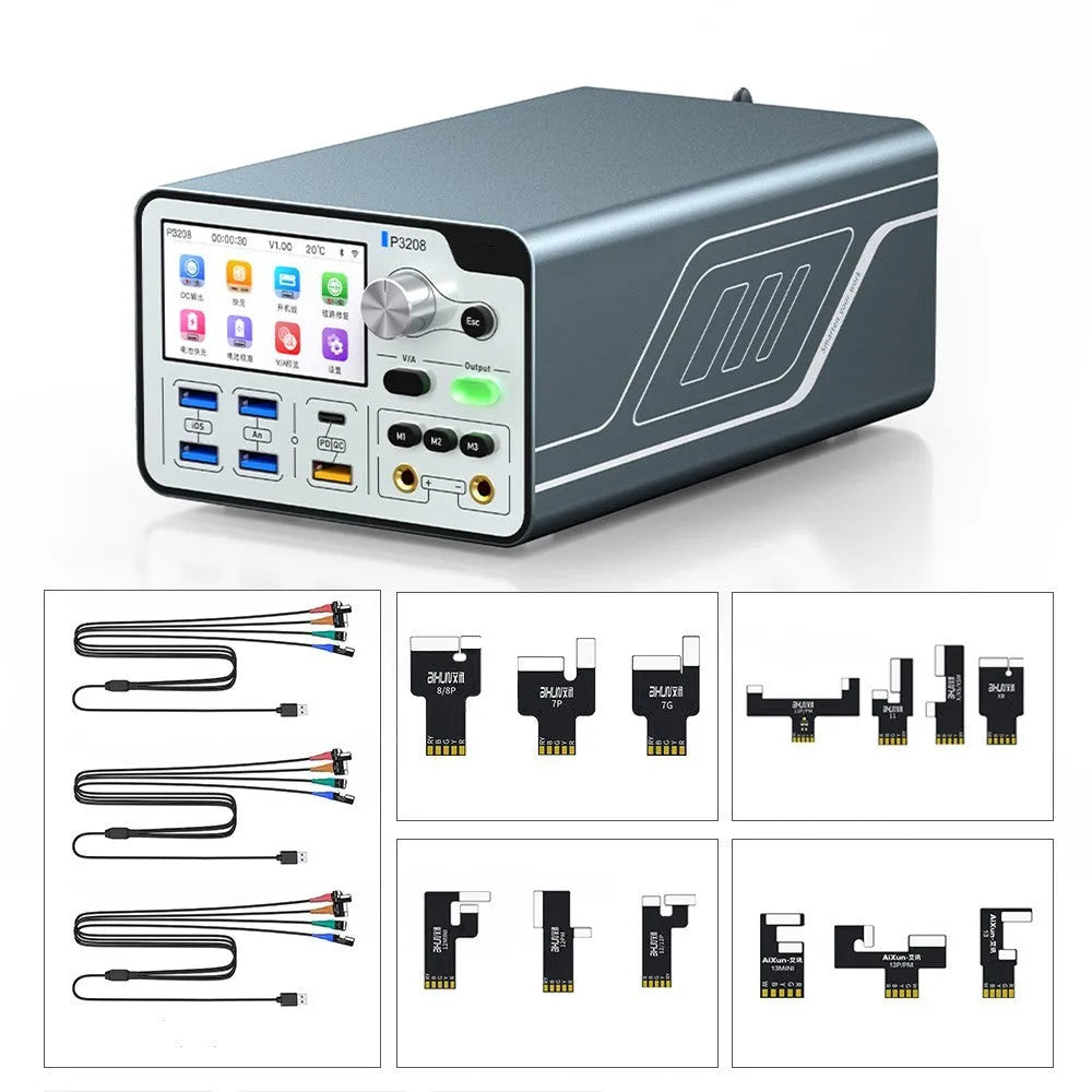 320W smart voltage regulator power meter on a workbench with display showing output readings.