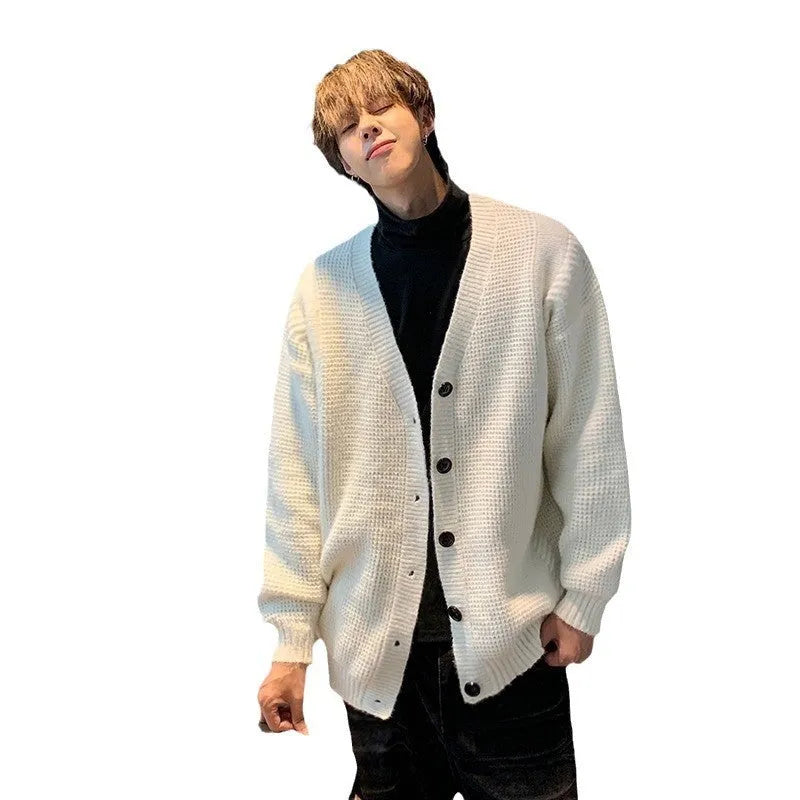 Men's loose-fit V-neck cardigan sweater in cotton blend fabric, solid colour option