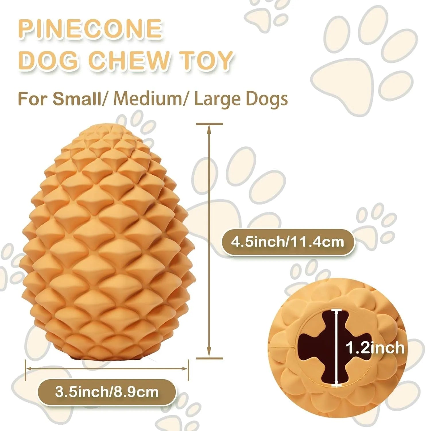 Yellow pine cone shaped natural rubber dog toy with treat dispenser for large dogs