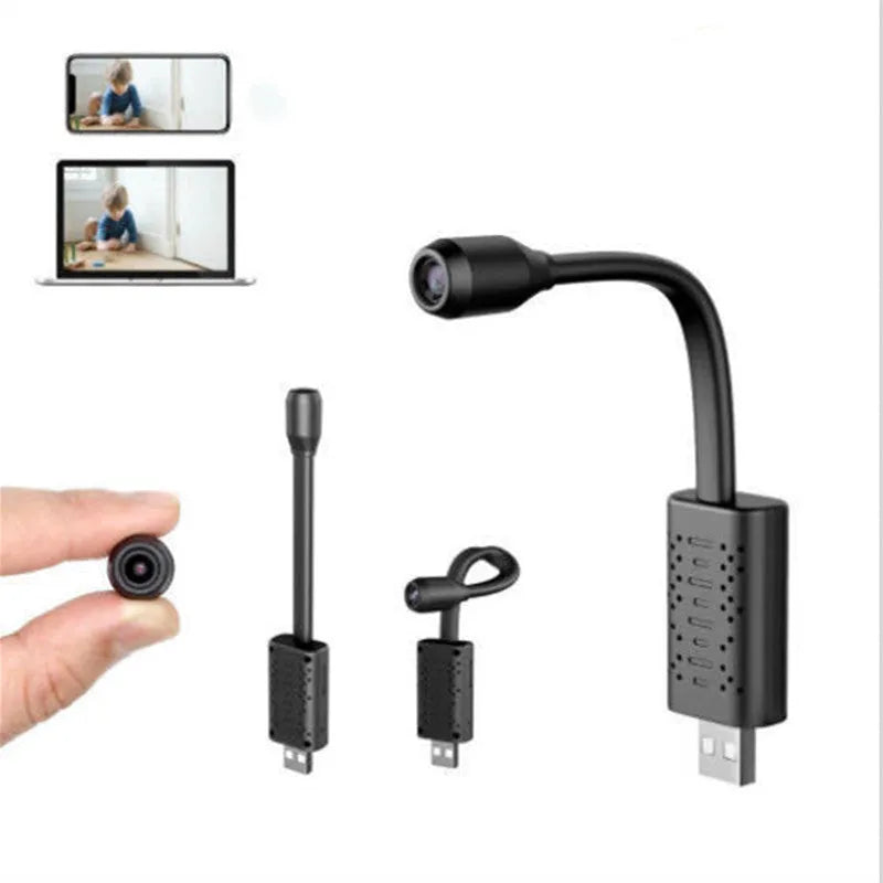 Black V380 wireless USB security camera showing front view and compact rectangular shape.