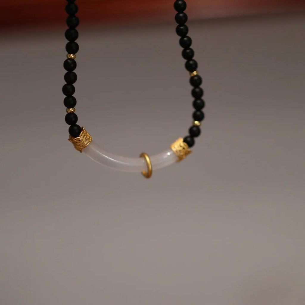 Chinese style frosted black agate and white chalcedony necklace with 925 silver U-shaped pendant