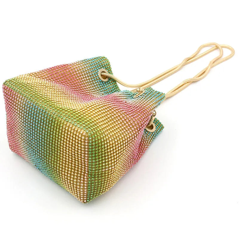 Rainbow rhinestone bucket bag with sparkling fabric and casual shoulder strap