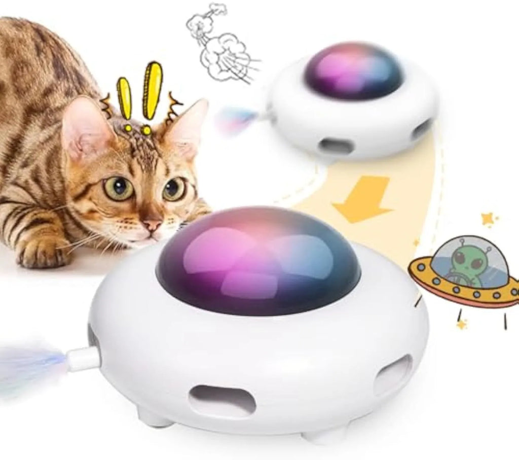 White automatic cat toy with colourful feathers and LED lights on cleaning ring mat
