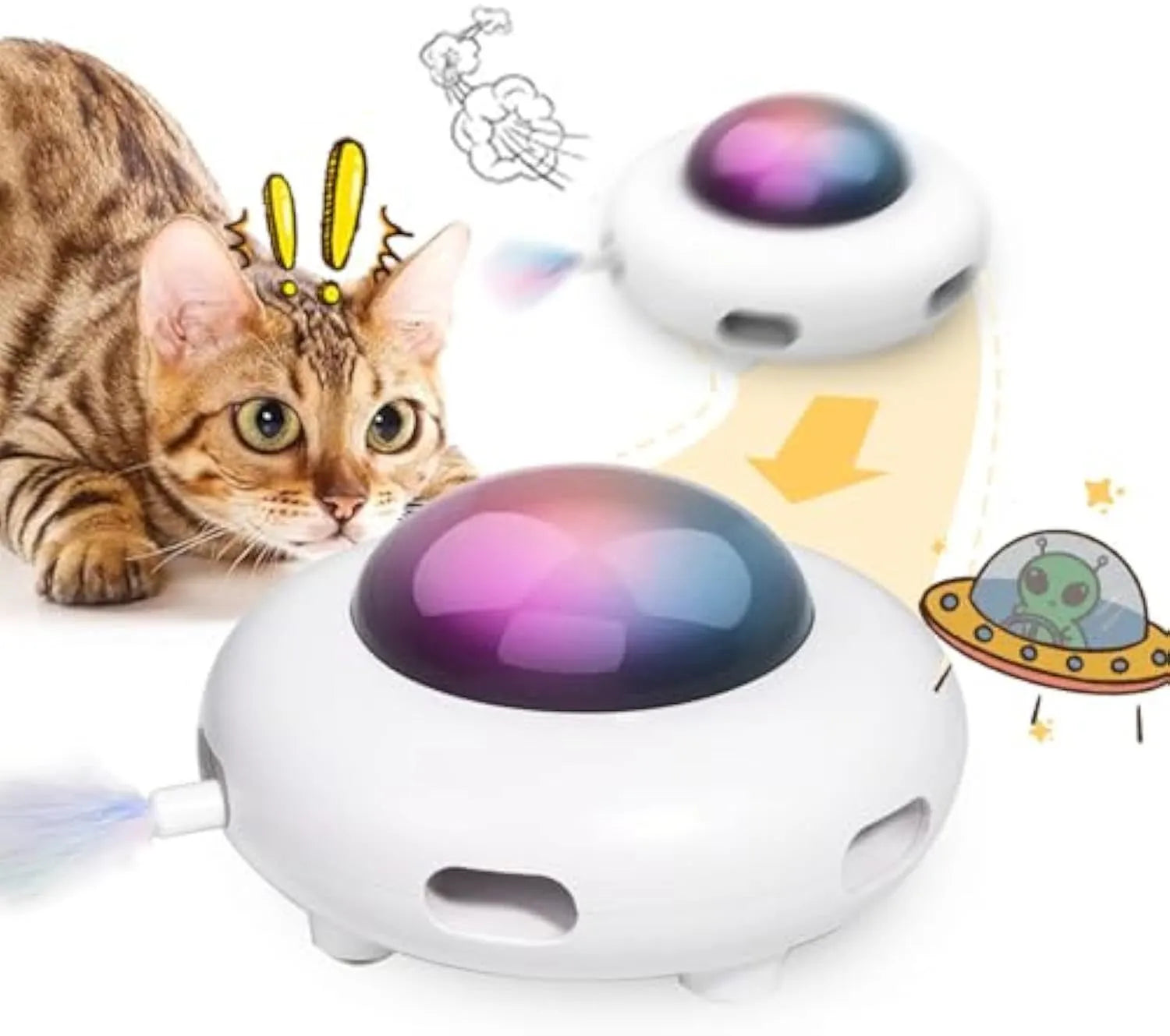 White automatic cat toy with colourful feathers and LED lights on cleaning ring mat
