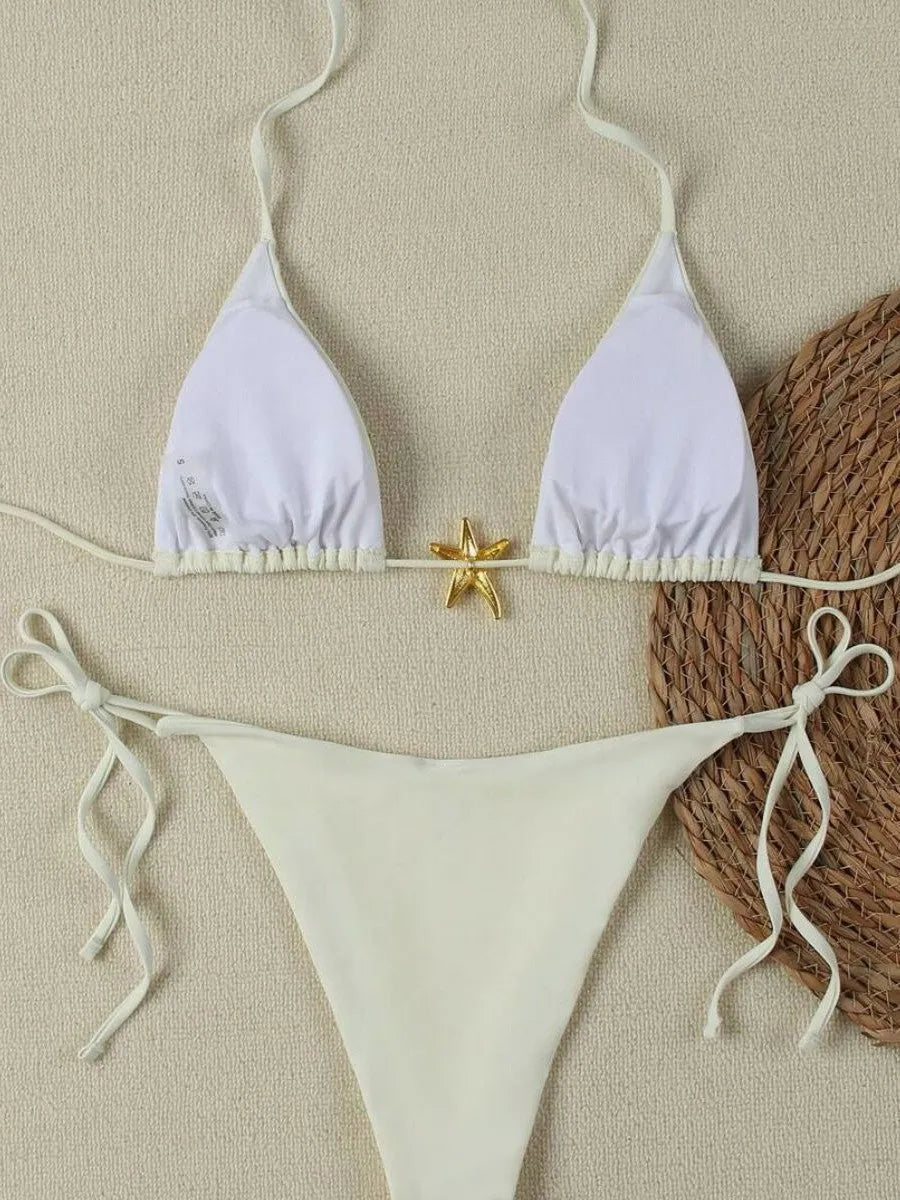 Women's pure colour nylon bikini set in milky white, briefs style, sizes S M L