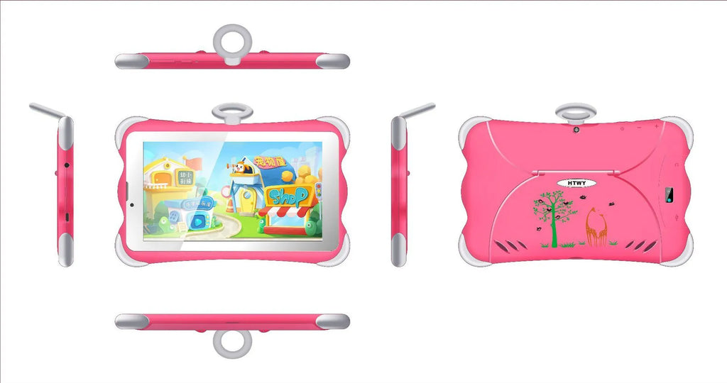 7-inch children's learning tablet in cartoon colours showing screen, stand, and 3G call function