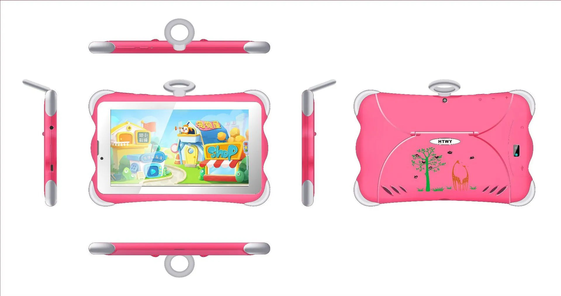 7-inch children's learning tablet in cartoon colours showing screen, stand, and 3G call function