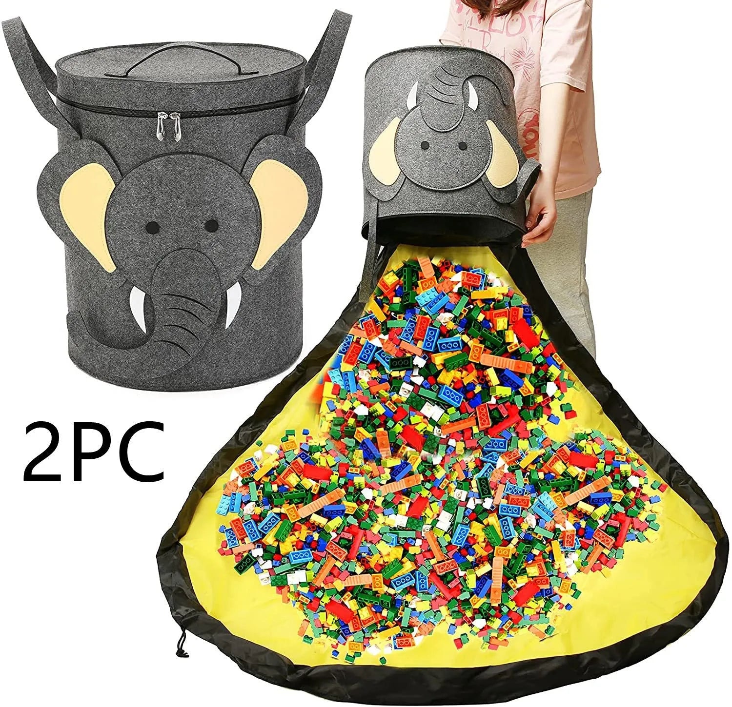 Green felt storage bag shown as both a flat play mat and gathered cube with pull rope closure