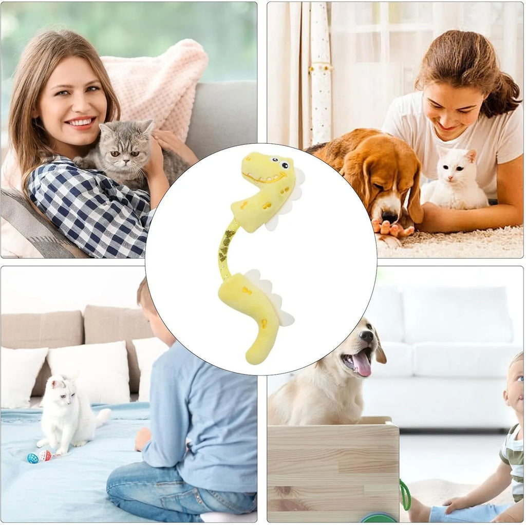 Four cat toys: chew toy, catnip rope, springs, and kicker toy in pink, purple, or yellow colours, each 23cm by 6cm.