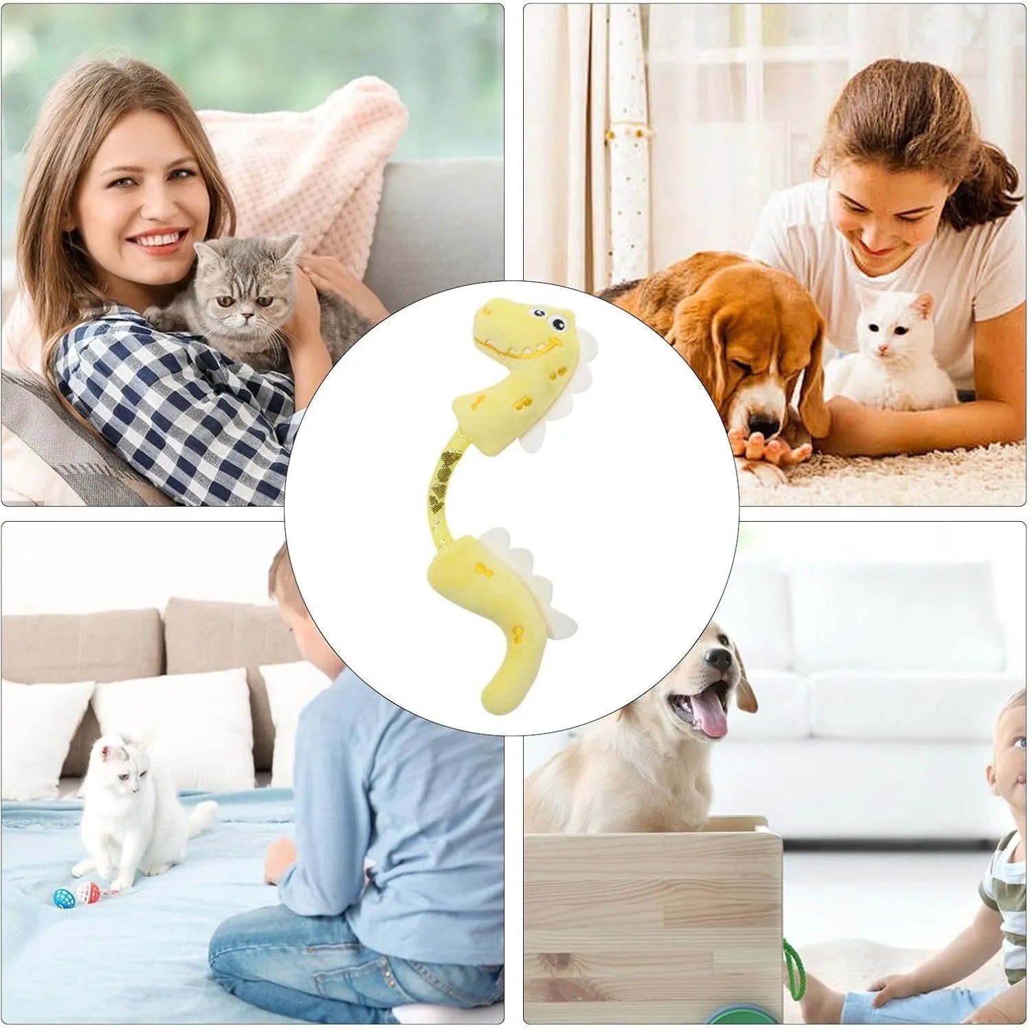 Four cat toys: chew toy, catnip rope, springs, and kicker toy in pink, purple, or yellow colours, each 23cm by 6cm.