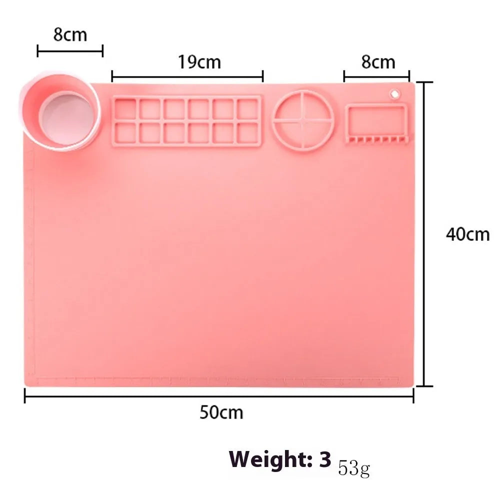 Silicone double bowl painting mat in green, measuring 50cm by 40cm, for watercolour and graffiti art.