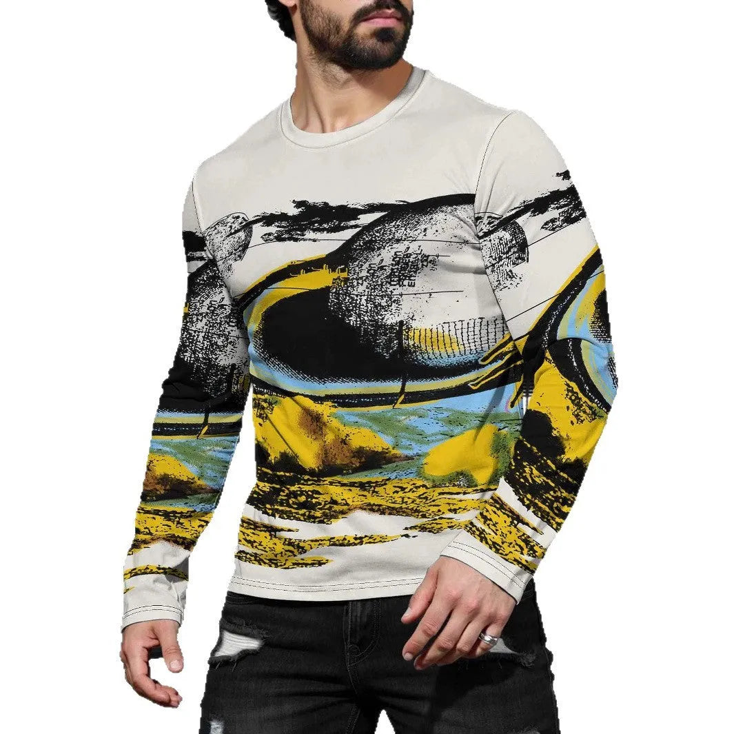 Man wearing a simple milk silk long sleeve pullover with a round neck in one of 27 available colours.