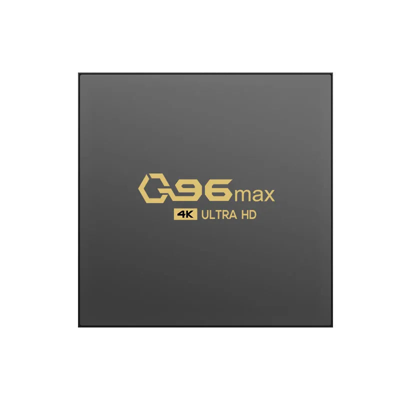 Q96 MAX S905 Android 4K TV Box set-top unit with remote control and cables on a black background.