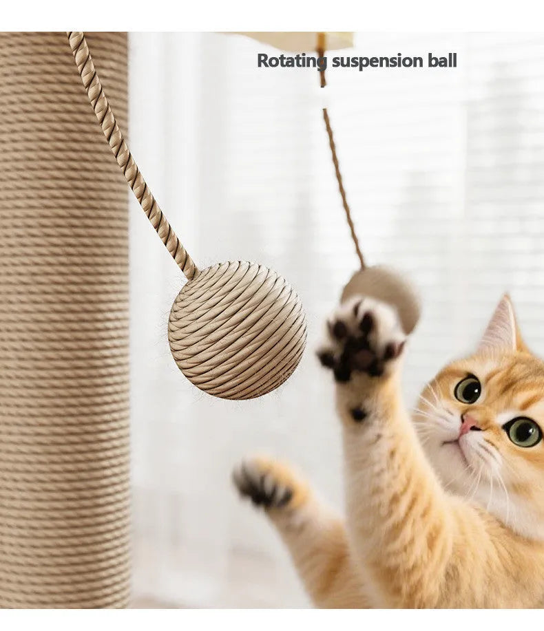 Windmill-themed cat climbing frame toy made from pine wood with a carpet leather scratch surface and a hanging ball.