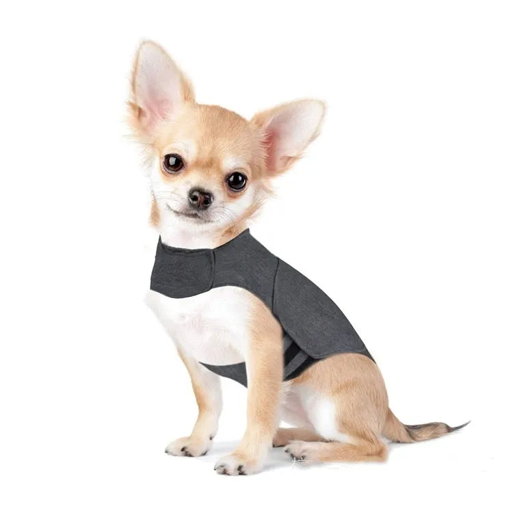Heather grey dog anxiety vest or calming jacket on a model, showing size range from XXS to XXL.