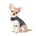 Heather grey dog anxiety vest or calming jacket on a model, showing size range from XXS to XXL.
