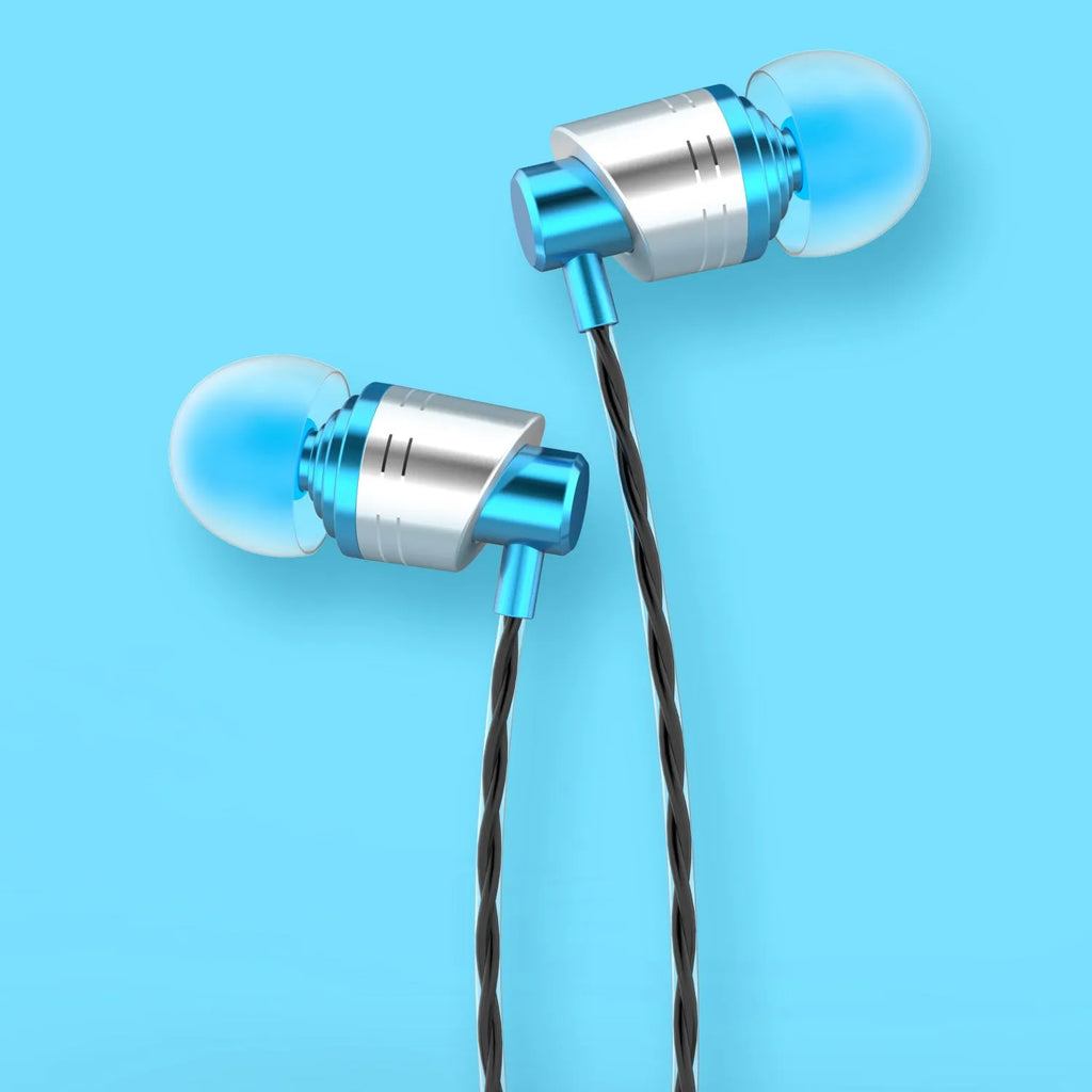 Wired in-ear earphones with 3.5mm plug, inline microphone, and choice of black, blue or red housings.