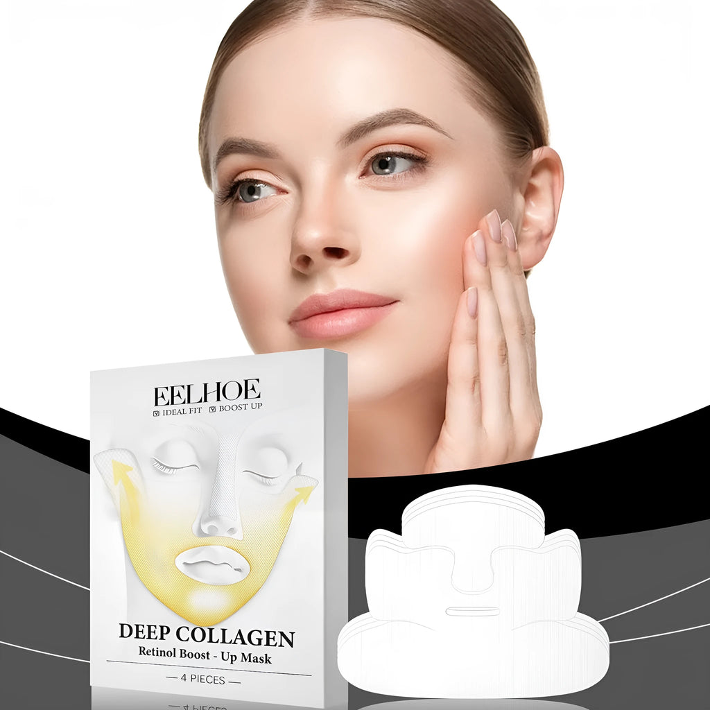 Collagen tightening facial mask pack containing four pieces measuring 23.5cm by 16.8cm