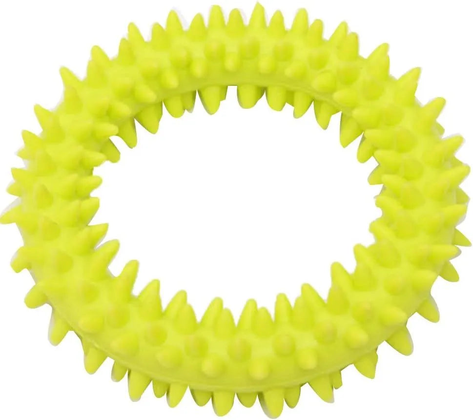 Blue TPR spiked ring dog chew toy for dental cleaning and bite training on a white background.