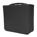 Black Oxford fabric CD DVD storage binder with zipper closure and a top carry handle.