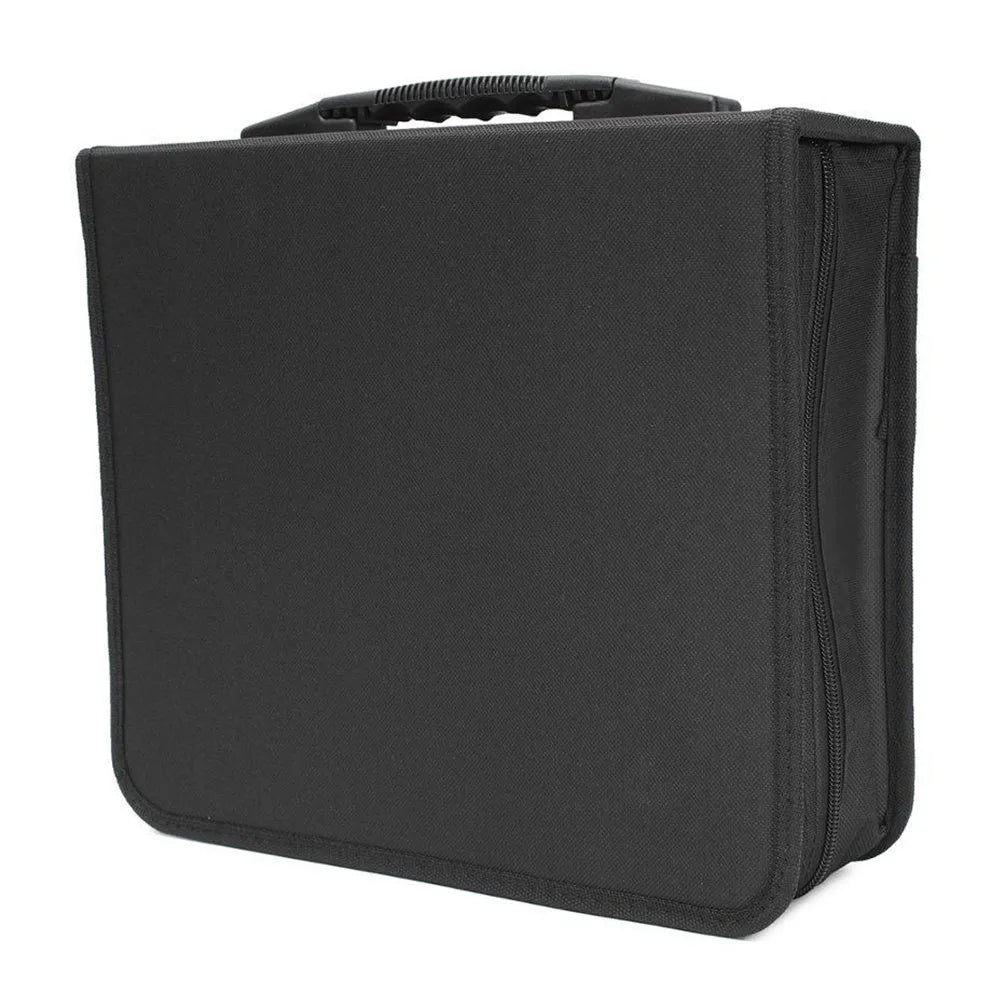 Black Oxford fabric CD DVD storage binder with zipper closure and a top carry handle.