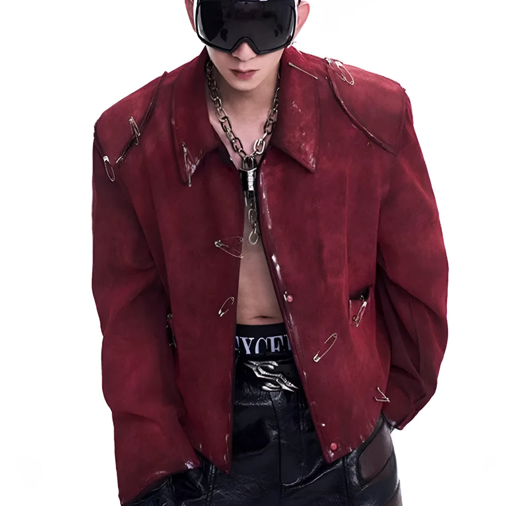 Men's red quilted jacket with decorative flocking pins and lapel collar in loose fit