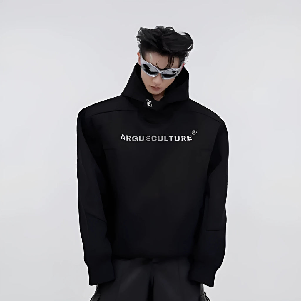 Men's loose-fitting hooded sweater with three-dimensional printing and heavy shoulder pads in red colour