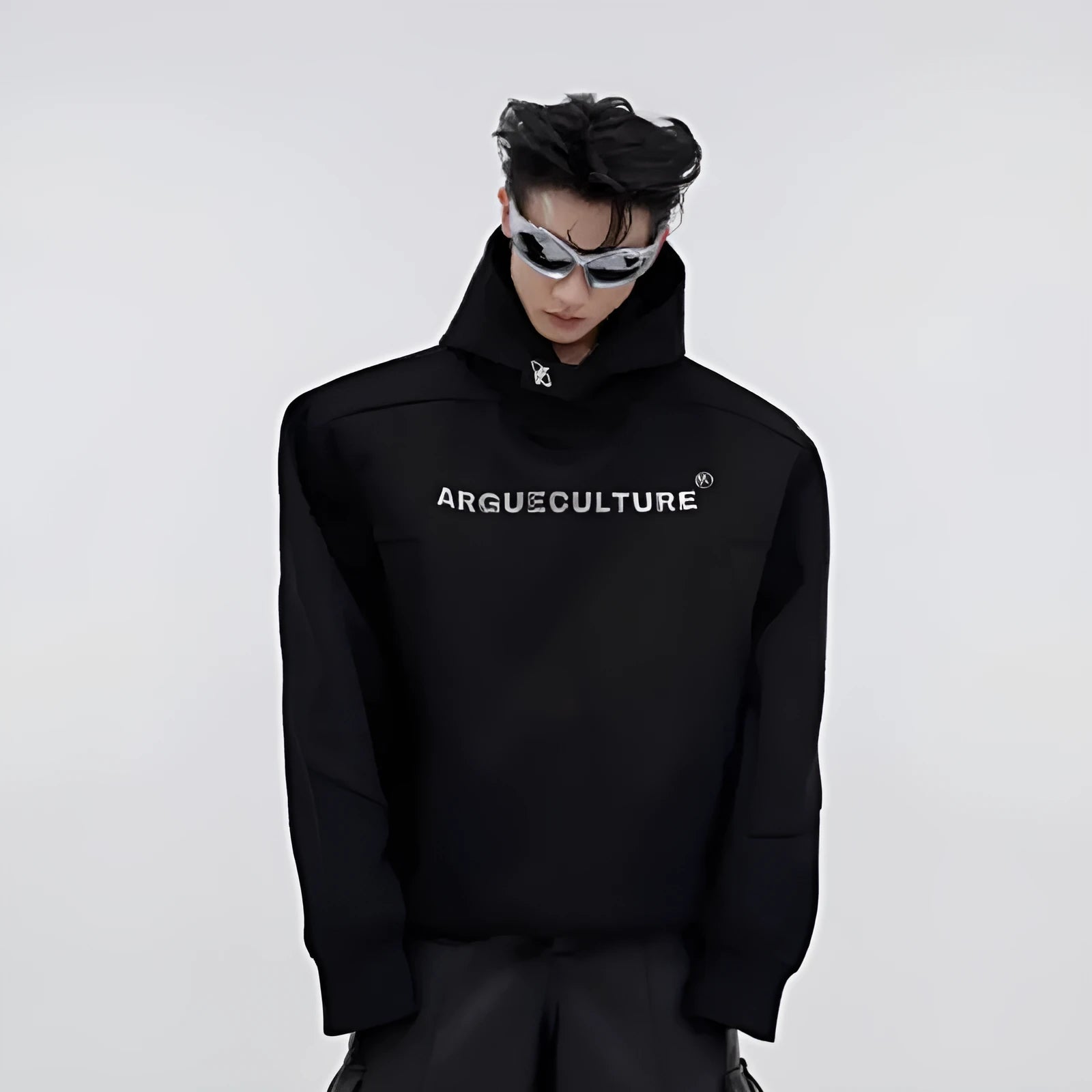Men's loose-fitting hooded sweater with three-dimensional printing and heavy shoulder pads in red colour