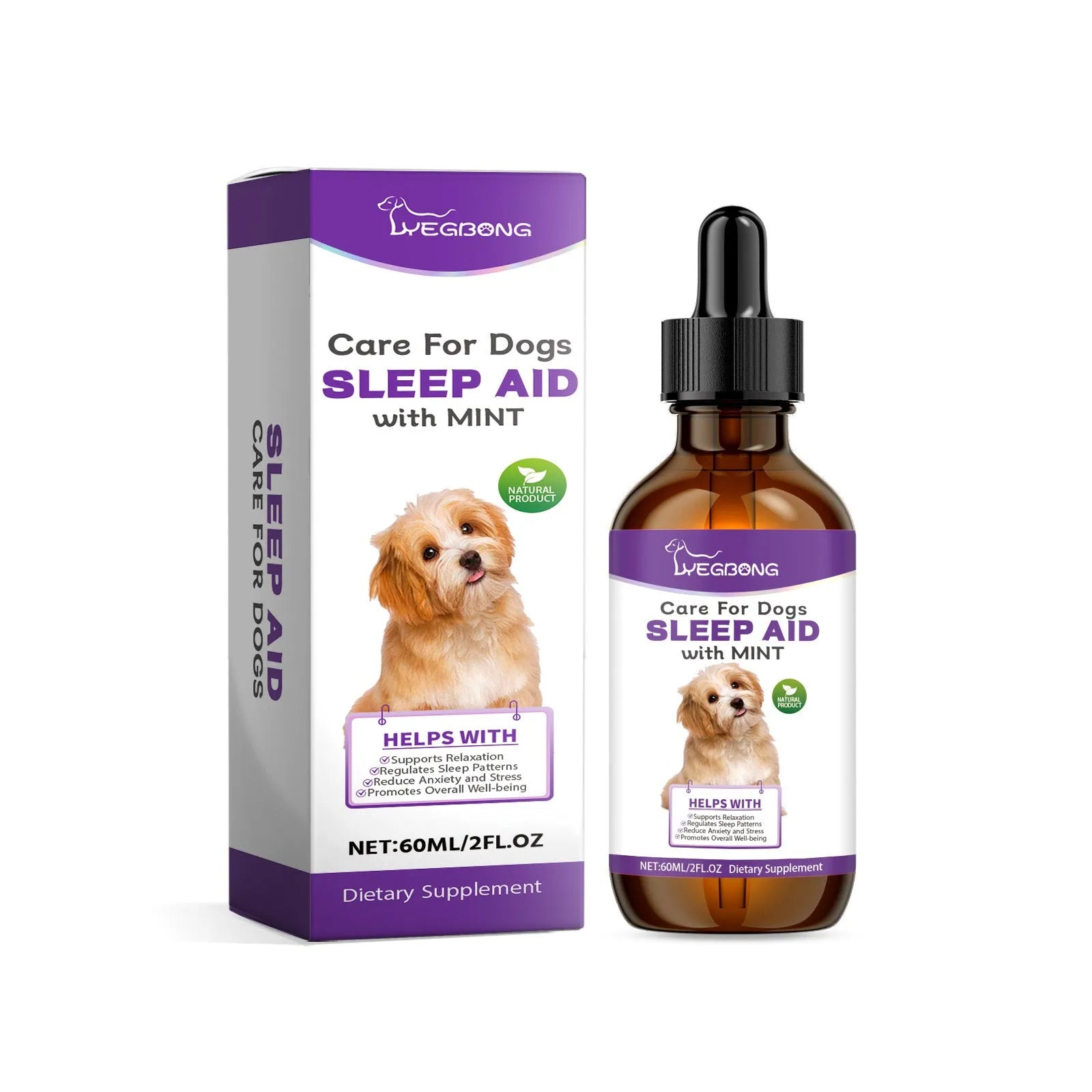 60ml bottle of dog sleep drops calming liquid with mint extract for night-time pet anxiety