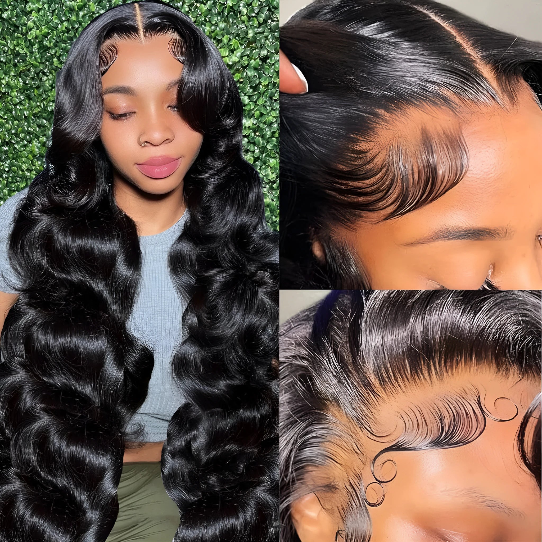 Black medium-long curly synthetic wig with lace mesh base showing defined wave pattern