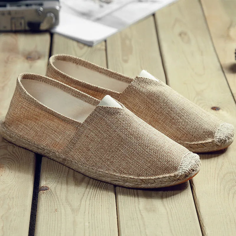 Men's solid colour canvas and linen shoes with round toe in black, grey, white, or brown