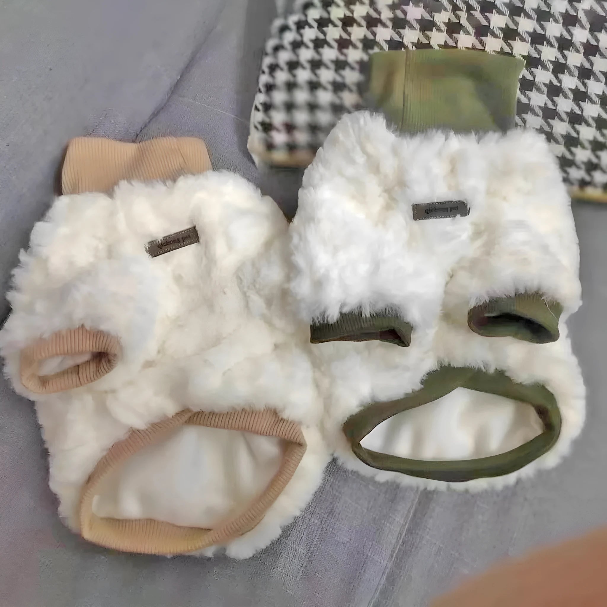 Creamy green plush turtleneck dog coat on a small dog, showing thick padding and high collar.