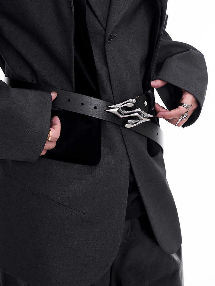 Black men's double-layer cowhide leather belt with a metal letter buckle, laid flat.