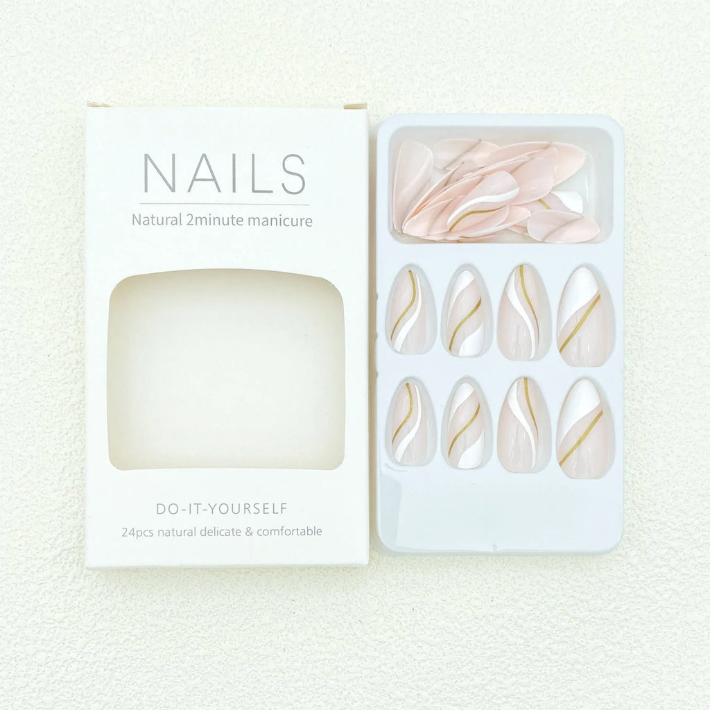 Golden Lines wearable nail stickers showing plaid pattern in JF0518 jelly glue colour on medium drop shaped plastic armour