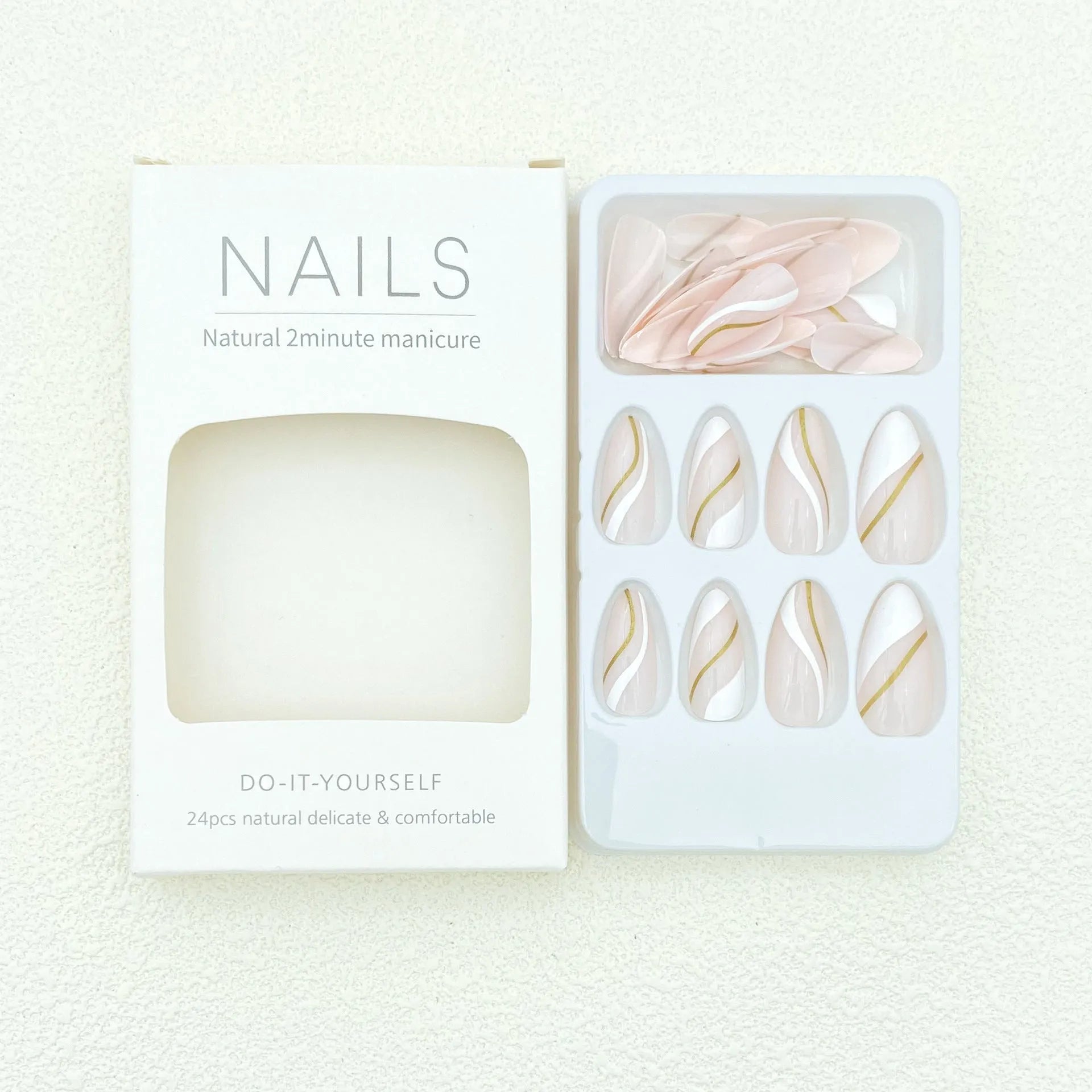 Golden Lines wearable nail stickers showing plaid pattern in JF0518 jelly glue colour on medium drop shaped plastic armour