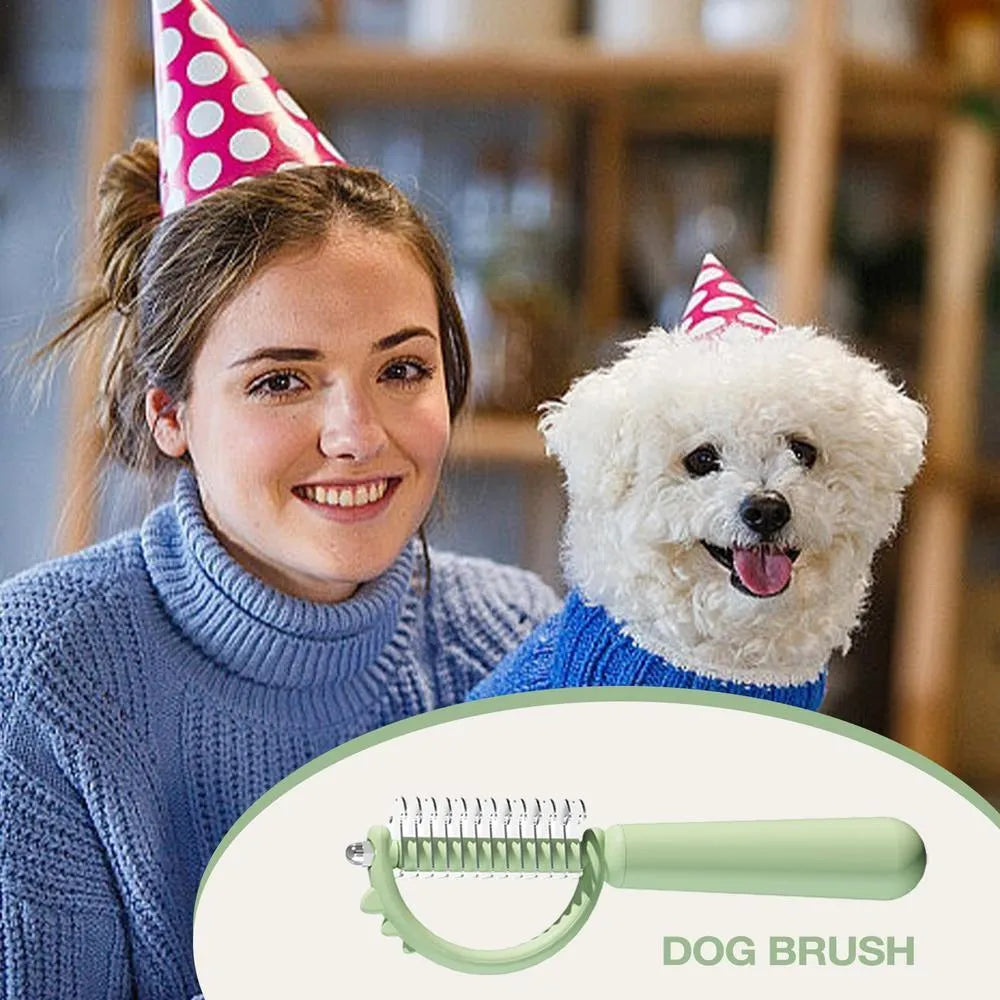 Dinosaur-shaped self-cleaning cat brush with double-sided stainless steel pins on blue handle