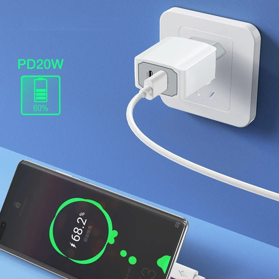 White phone fast charge charger set with European standard USB cable on a plain background