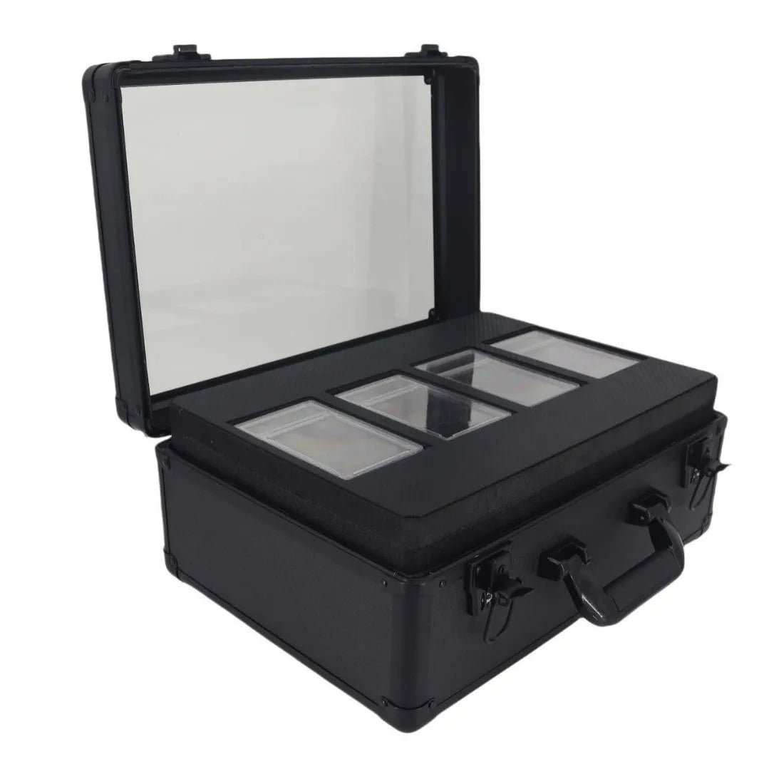 Black aluminium alloy three-slot portable magnetic brick storage box for PSA and BGS trading cards with handle