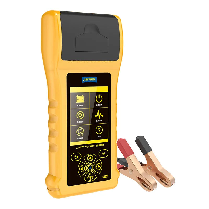 Autool BT760 digital vehicle battery tester with colour screen and battery clips.
