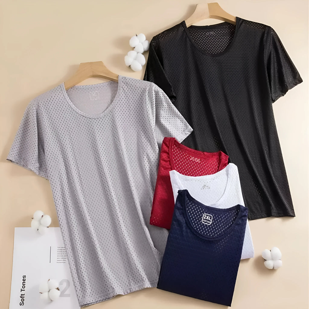 Man wearing a grey ice silk mesh short sleeve crew neck t-shirt with a loose fit.