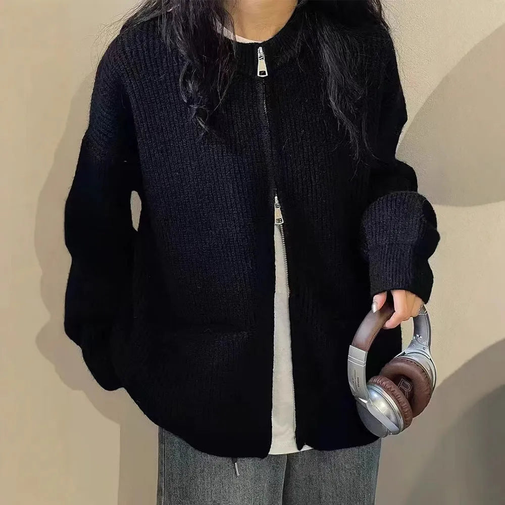 Women's beige soft wind sweater coat cardigan with long sleeves on hanger