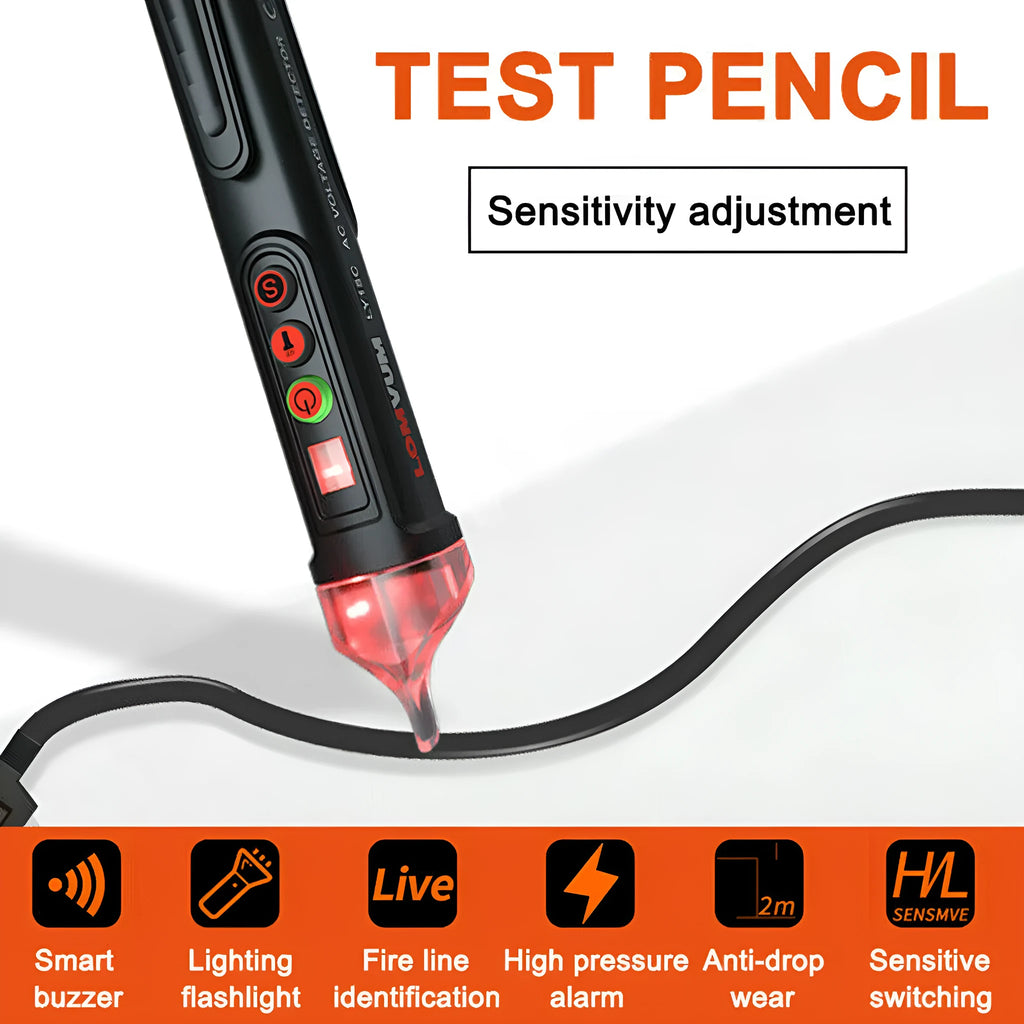 Black intelligent electrical test pencil with display screen and sensor tip for line detection