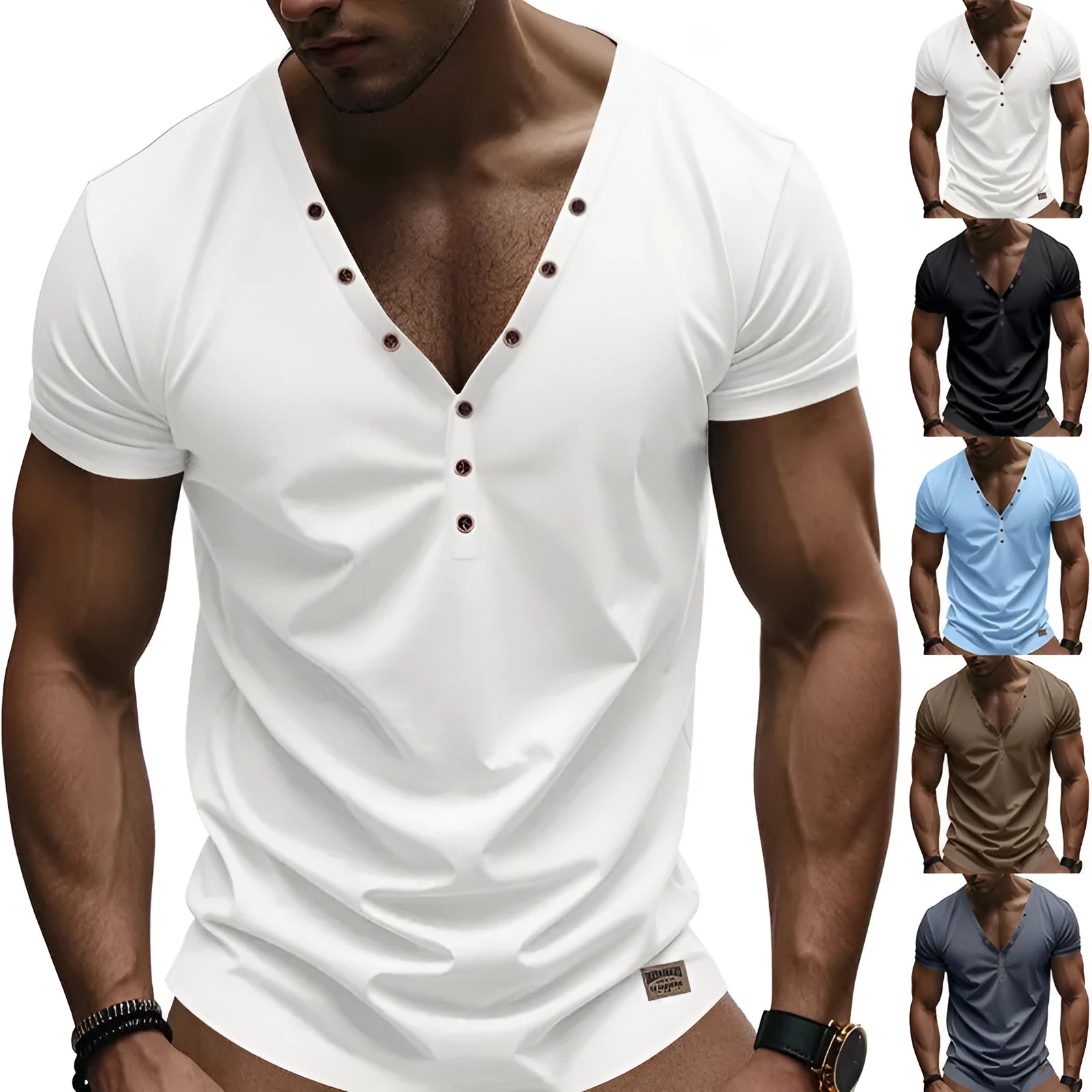 Man wearing a loose fit light blue V-neck pullover top with a button detail.