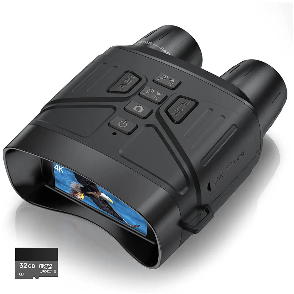 Black 4K night vision instrument with LCD screen showing a night vision image, placed on a textured surface.