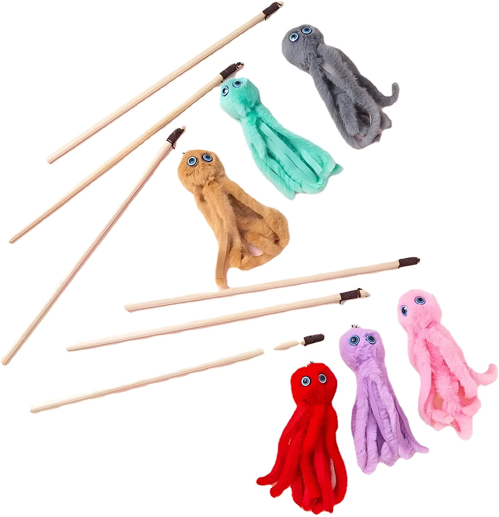 Octopus cat toy with long stick and movable eyes in bright colours for indoor kittens